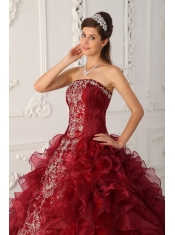 Wine Red Ball Gown Strapless Floor-length Satin and Organza Embroidery Quinceanera Dress