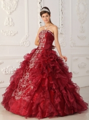 Wine Red Ball Gown Strapless Floor-length Satin and Organza Embroidery Quinceanera Dress