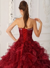 Wine Red Ball Gown Strapless Floor-length Satin and Organza Embroidery Quinceanera Dress