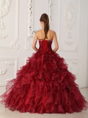 Wine Red Ball Gown Strapless Floor-length Satin and Organza Embroidery Quinceanera Dress