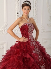 Wine Red Ball Gown Strapless Floor-length Satin and Organza Embroidery Quinceanera Dress