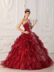 Wine Red Ball Gown Strapless Floor-length Satin and Organza Embroidery Quinceanera Dress