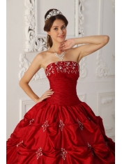 Wine Red Ball Gown Strapless Floor-length Taffeta Appliques and Beading Quinceanera Dress