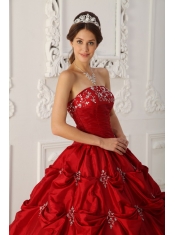 Wine Red Ball Gown Strapless Floor-length Taffeta Appliques and Beading Quinceanera Dress