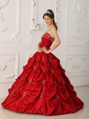 Wine Red Ball Gown Strapless Floor-length Taffeta Appliques and Beading Quinceanera Dress