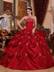 Wine Red Ball Gown Strapless Floor-length Taffeta Appliques Quinceanera Dress