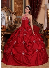 Wine Red Ball Gown Strapless Floor-length Taffeta Appliques Quinceanera Dress