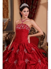 Wine Red Ball Gown Strapless Floor-length Taffeta Appliques Quinceanera Dress