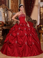 Wine Red Ball Gown Strapless Floor-length Taffeta Appliques Quinceanera Dress