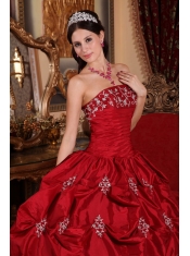 Wine Red Ball Gown Strapless Floor-length Taffeta Appliques Quinceanera Dress