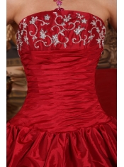 Wine Red Ball Gown Strapless Floor-length Taffeta Appliques Quinceanera Dress