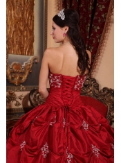 Wine Red Ball Gown Strapless Floor-length Taffeta Appliques Quinceanera Dress