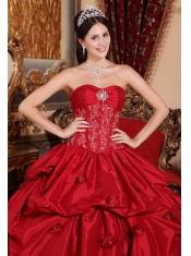 Wine Red Ball Gown Strapless Floor-length Taffeta Appliques Quinceanera Dress