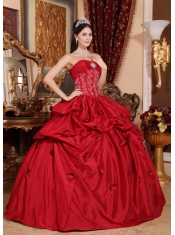 Wine Red Ball Gown Strapless Floor-length Taffeta Appliques Quinceanera Dress