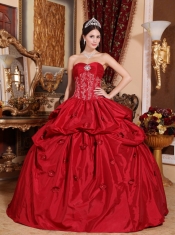 Wine Red Ball Gown Strapless Floor-length Taffeta Appliques Quinceanera Dress