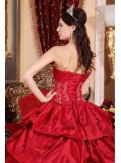 Wine Red Ball Gown Strapless Floor-length Taffeta Appliques Quinceanera Dress