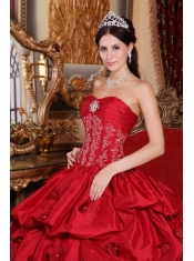 Wine Red Ball Gown Strapless Floor-length Taffeta Appliques Quinceanera Dress