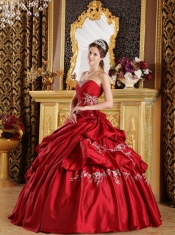 Wine Red Ball Gown Strapless Floor-length Taffeta Appliques Sweet 16 Dress