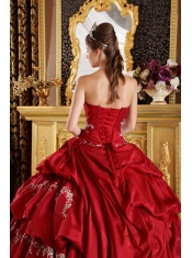 Wine Red Ball Gown Strapless Floor-length Taffeta Appliques Sweet 16 Dress