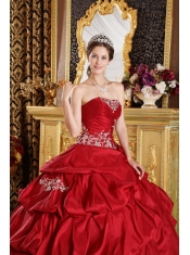 Wine Red Ball Gown Strapless Floor-length Taffeta Appliques Sweet 16 Dress