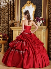 Wine Red Ball Gown Strapless Floor-length Taffeta Appliques Sweet 16 Dress