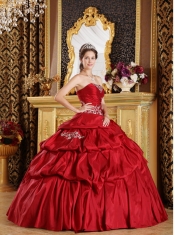 Wine Red Ball Gown Strapless Floor-length Taffeta Appliques Sweet 16 Dress