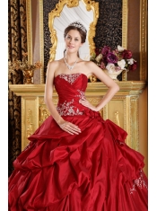 Wine Red Ball Gown Strapless Floor-length Taffeta Appliques Sweet 16 Dress