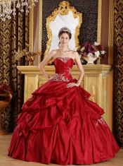 Wine Red Ball Gown Strapless Floor-length Taffeta Appliques Sweet 16 Dress