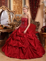 Wine Red Ball Gown Strapless Floor-length Taffeta Beading Quinceanera Dress