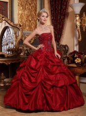 Wine Red Ball Gown Strapless Floor-length Taffeta Beading Quinceanera Dress