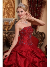 Wine Red Ball Gown Strapless Floor-length Taffeta Beading Quinceanera Dress
