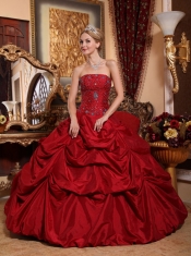 Wine Red Ball Gown Strapless Floor-length Taffeta Beading Quinceanera Dress
