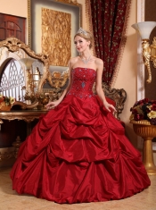 Wine Red Ball Gown Strapless Floor-length Taffeta Beading Quinceanera Dress