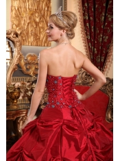Wine Red Ball Gown Strapless Floor-length Taffeta Beading Quinceanera Dress