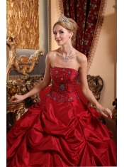 Wine Red Ball Gown Strapless Floor-length Taffeta Beading Quinceanera Dress