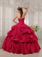 Wine Red Ball Gown Strapless Floor-length Taffeta Beading Quinceanera Dress