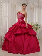 Wine Red Ball Gown Strapless Floor-length Taffeta Beading Quinceanera Dress