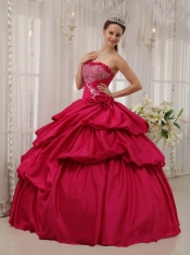 Wine Red Ball Gown Strapless Floor-length Taffeta Beading Quinceanera Dress