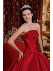 Wine Red Ball Gown Strapless Floor-length Taffeta Beading Quinceanera Dress