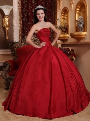 Wine Red Ball Gown Strapless Floor-length Taffeta Beading Quinceanera Dress