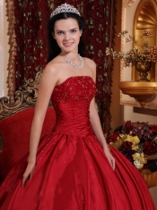 Wine Red Ball Gown Strapless Floor-length Taffeta Beading Quinceanera Dress