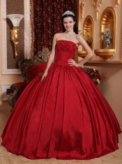 Wine Red Ball Gown Strapless Floor-length Taffeta Beading Quinceanera Dress