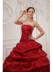 Wine Red Ball Gown Strapless Floor-length Taffeta Ruffles Quinceanera Dress