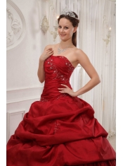 Wine Red Ball Gown Strapless Floor-length Taffeta Ruffles Quinceanera Dress