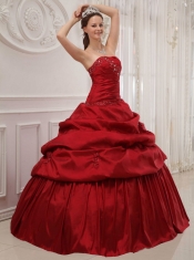 Wine Red Ball Gown Strapless Floor-length Taffeta Ruffles Quinceanera Dress