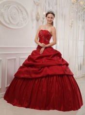 Wine Red Ball Gown Strapless Floor-length Taffeta Ruffles Quinceanera Dress