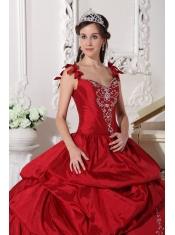 Wine Red Ball Gown Straps Floor-length Taffeta Embroidery Sweet 16 Dress