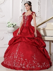 Wine Red Ball Gown Straps Floor-length Taffeta Embroidery Sweet 16 Dress