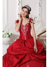 Wine Red Ball Gown Straps Floor-length Taffeta Embroidery Sweet 16 Dress