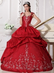 Wine Red Ball Gown Straps Floor-length Taffeta Embroidery Sweet 16 Dress